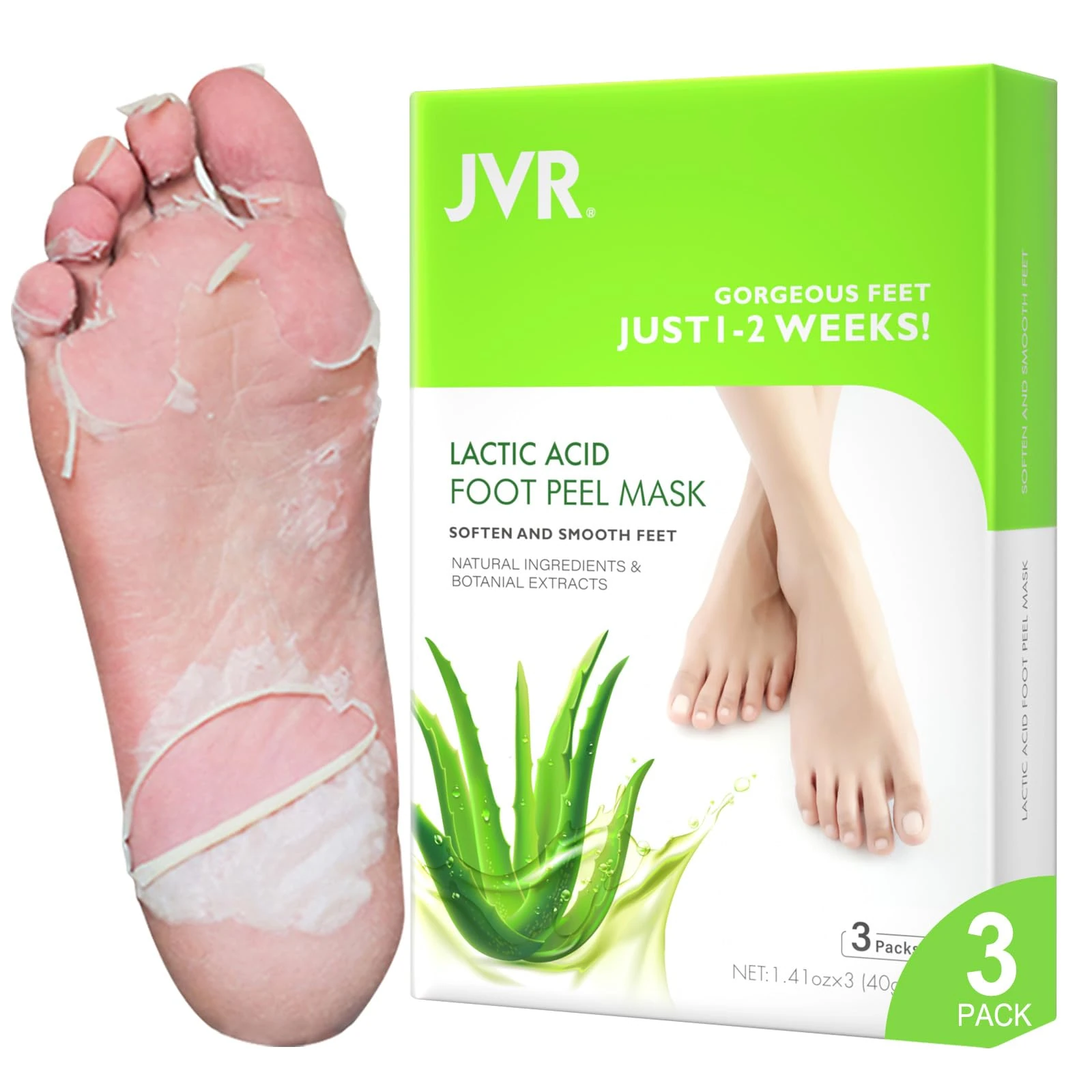 Foot Peel Mask, 3 Pack JVR Feet Exfoliating Mask, Moisturizing Socks, Footskin Care for Callus, Restoring Cracked Heel Dead, Dry, Hard Skin, Baby Soft Smooth Touch (Aloe)