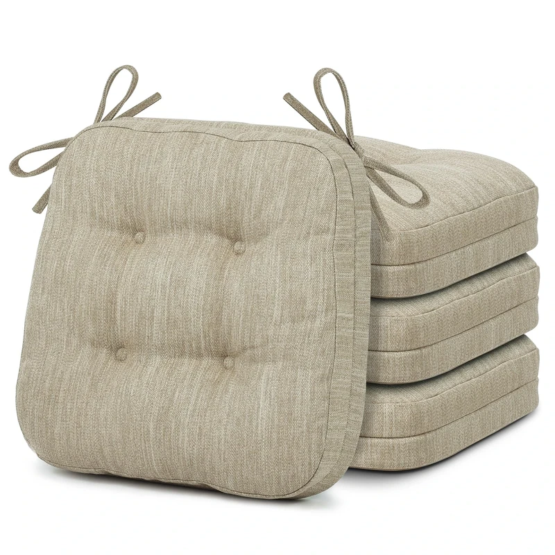 Shinnwa Chair Cushions for Dining Chairs 4 Pack, Tufted Memory Foam Kitchen Seat Cushions, Non-Slip Chair Pads with Ties, 16.5” x 16.5” x 3.5”, Beige, Set of 4