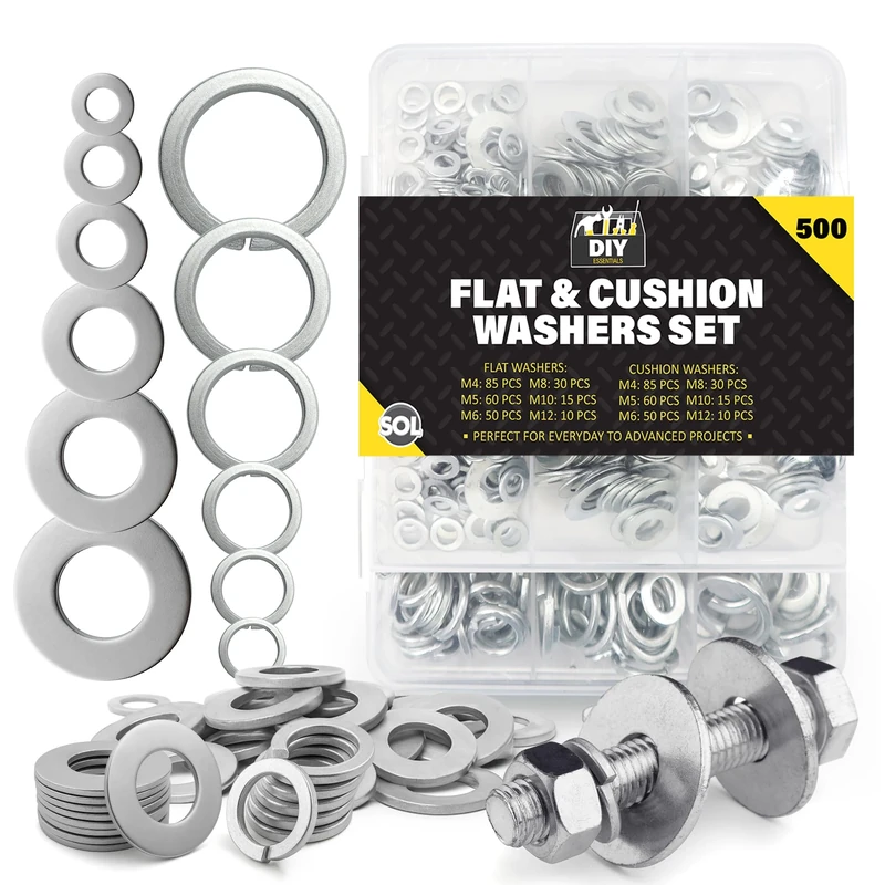 SOL 500pk Flat & Cushion Washers Set – Includes M4, M5, M6, M8, M10, M12 – Stainless Steel Spacers for Screws, Bolts, Nuts, DIY, Plumbing, Automotive, Machinery, Construction & Repair Projects