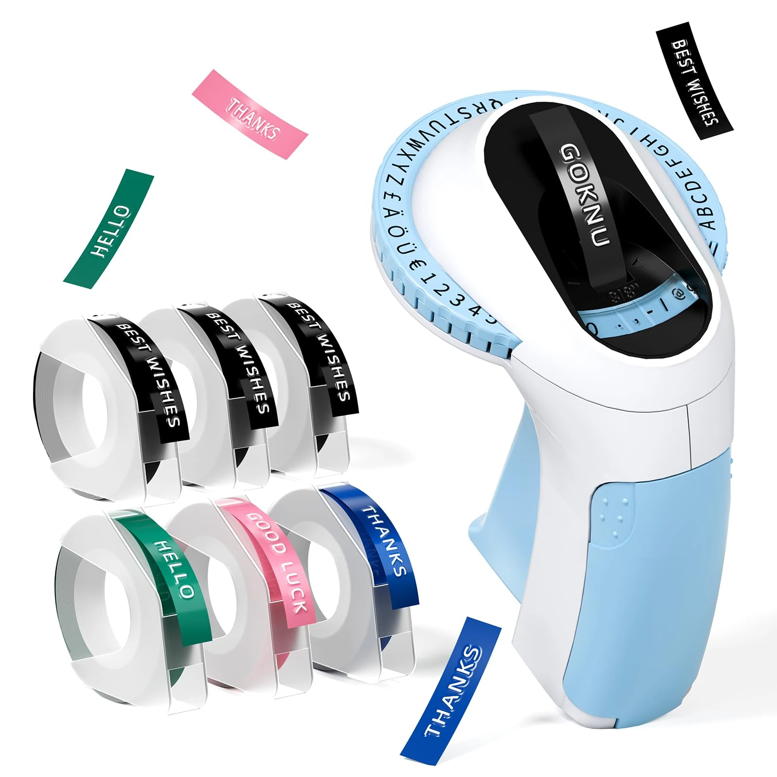 Goknu Embossing Label Maker Machine, E975 Vintage Embossed Label Maker with 6 Rolls Tapes 3/8"(9mm), 3D Manual Retro Labelling Machine, Emboss Labeller for Kitchen Home, Office and Child DIY (Blue)