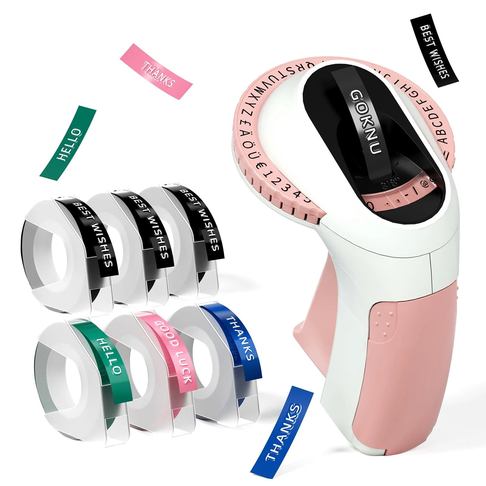 Goknu Embossing Label Maker, E975 3D Embossed Label Maker, Vintage Label Printer, Retro Emboss Label Printer with 6 Tapes 3/8"(9mm) for Kids and Elderly-Pink