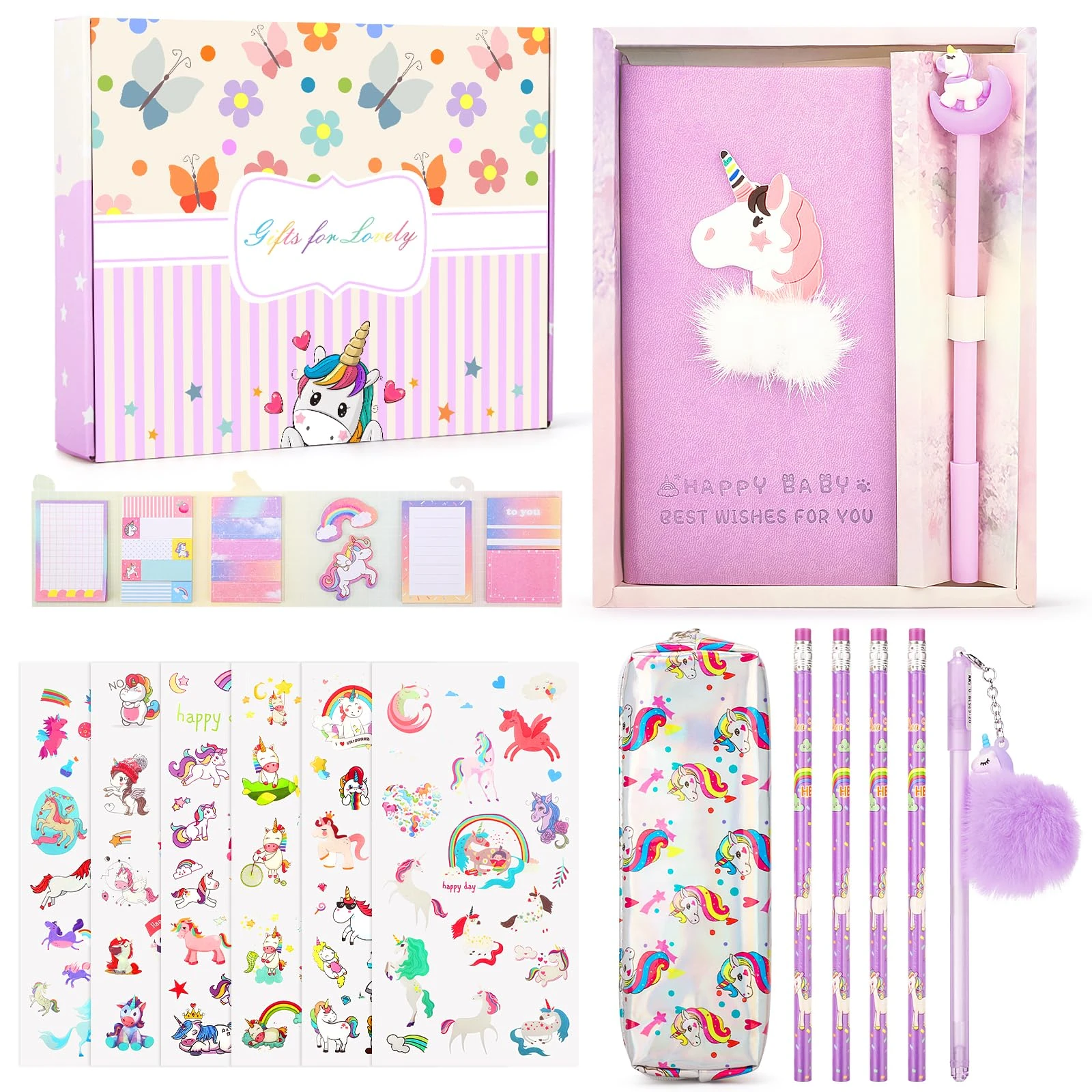 Maomaoyu Unicorn Stationary Sets for Girls, Girls Stationary Gift Sets with Unicorn Gift Box, Pencil Case & Stickers, Unicorn Birthday & Christmas Gifts for Girls Age 4-12, Purple