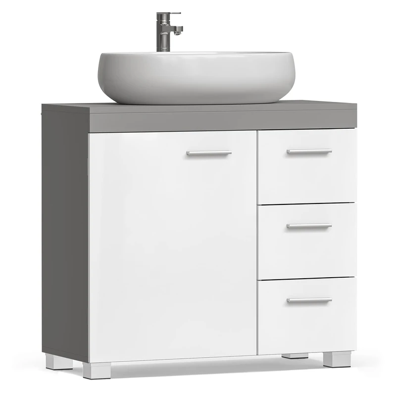 VASAGLE Under Sink Cabinet Bathroom Cabinet with 3 Side Drawers, 2 Compartments Behind the Door, with Feet, 30 x 70 x 64 cm, Cement Grey and Cloud White BBK503T49