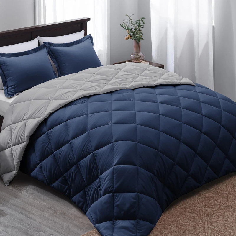 Basic Beyond Bedding Set, Navy and Grey, Double Sided, 1 Quilt (208 x 234 cm) and 2 Pillowcases (51 x 66 cm + 5 cm), Full Size