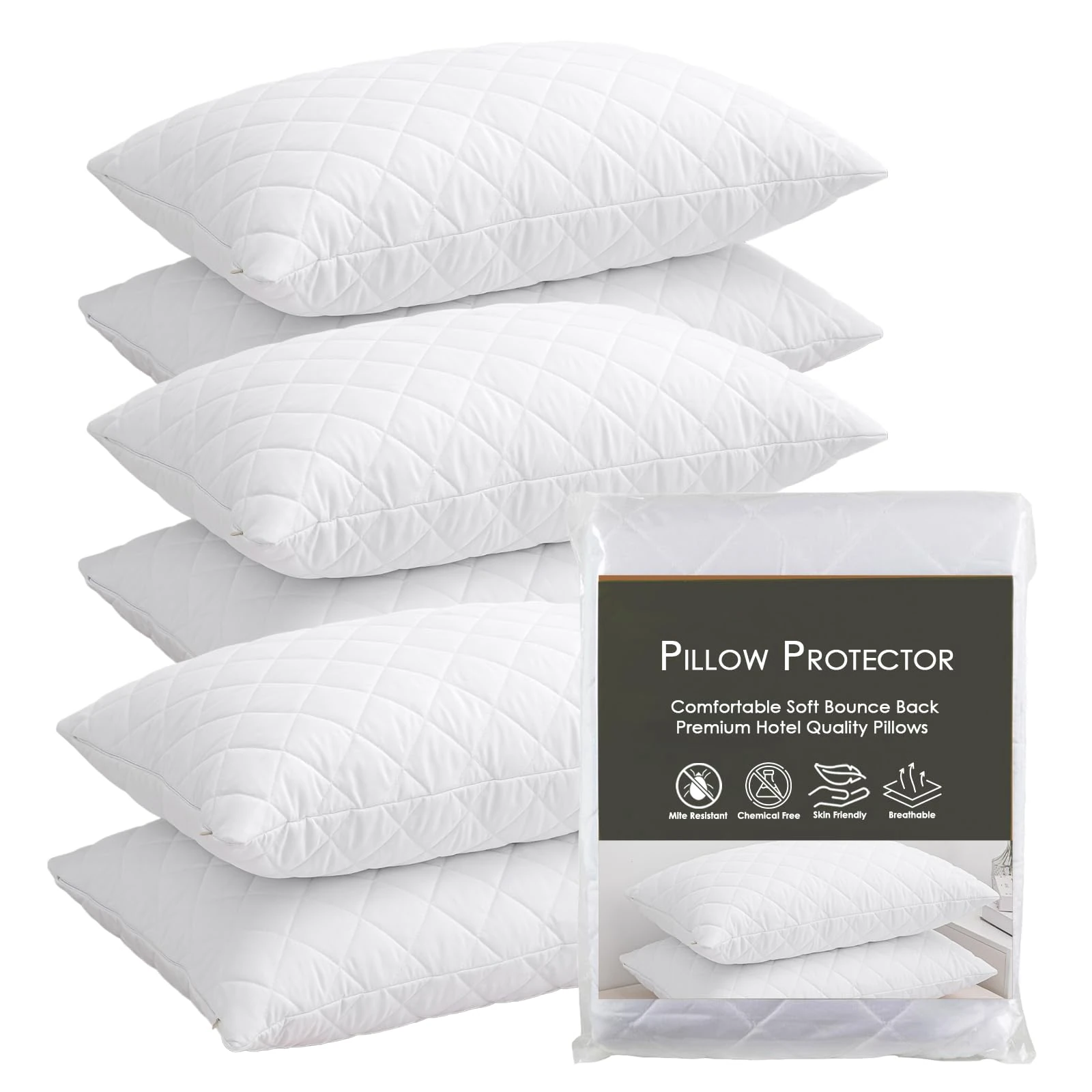 LSC Pillow Protectors 6 Pack Quilted Ultra Soft Anti Allergy Pillow Cover Breathable and Comfortable Microfiber White Pillowcase 48x74 CM (PACK OF 6)