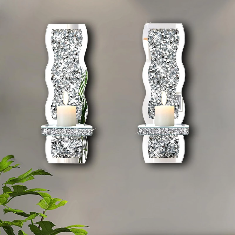 ZOLAPI Set of 2 Crystal Crush Diamond Candle Sconces, Gorgeous Silver Mirrored Wall Sconce, Wave Pattern Irregular Candle Holder Glass Wall Decorations for Home Décor, Living Room, Dining Room. - Image 1