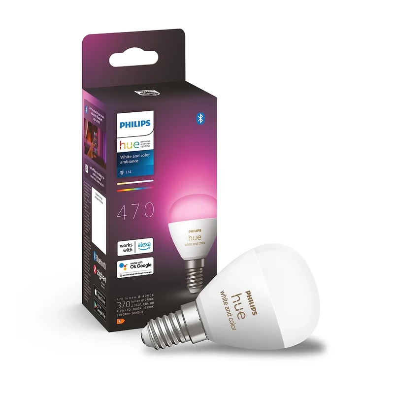 Philips Hue White and Colour Ambiance Luster Smart LED Light Bulb 1 Pack [E14 Edison Screw] for Indoor Home Lighting, Livingroom, Bedroom.