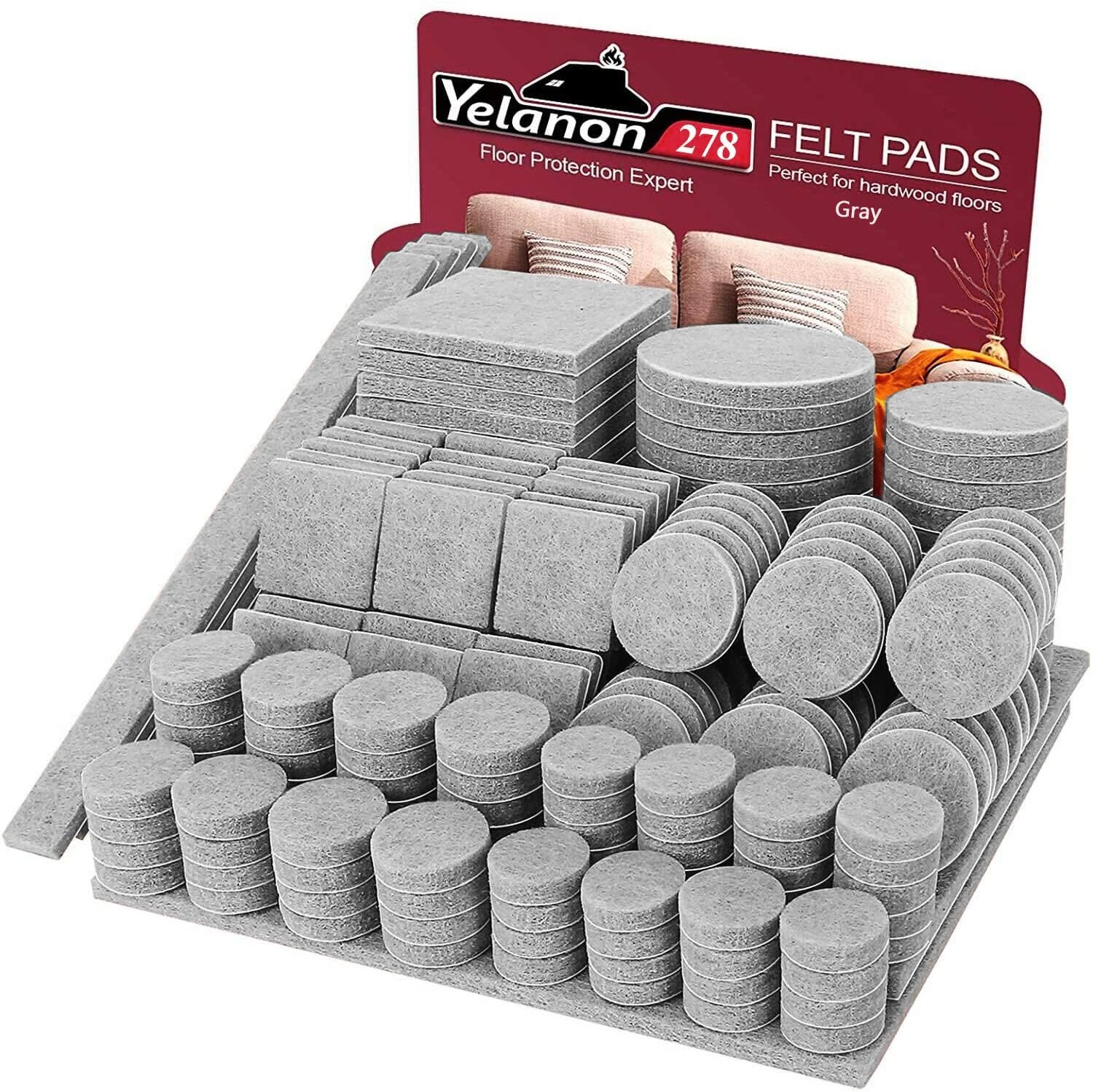 Yelanon Felt Furniture Pads -278 Pcs Furniture Pads Hardwoods Floors Self Adhesive Felt Chair Pads Anti Scratch Floor Protectors for Furniture Feet Chair Legs Furniture Felt Pads Light Gray