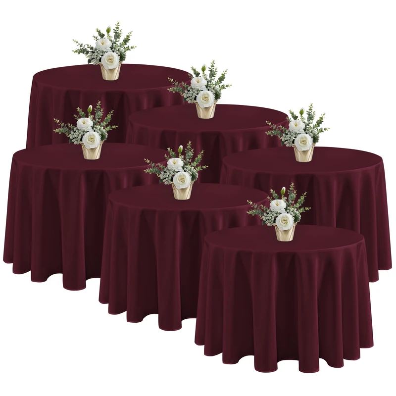 Fitable 6 Pack Burgundy Tablecloths for Round Tables - 108 Inches in Diameter - Stain Resistant and Washable Table Clothes, Polyester Fabric Table Covers for Wedding, Party, Banquet, Formal Events