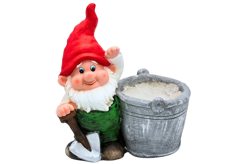 Dekohelden24 Garden gnome with shovel and bucket as a flower pot, made of magnesia, cute decoration for garden, patio or balcony, size: L/W/H approx. 19 x 26 x 33 cm, colourful, 33 cm