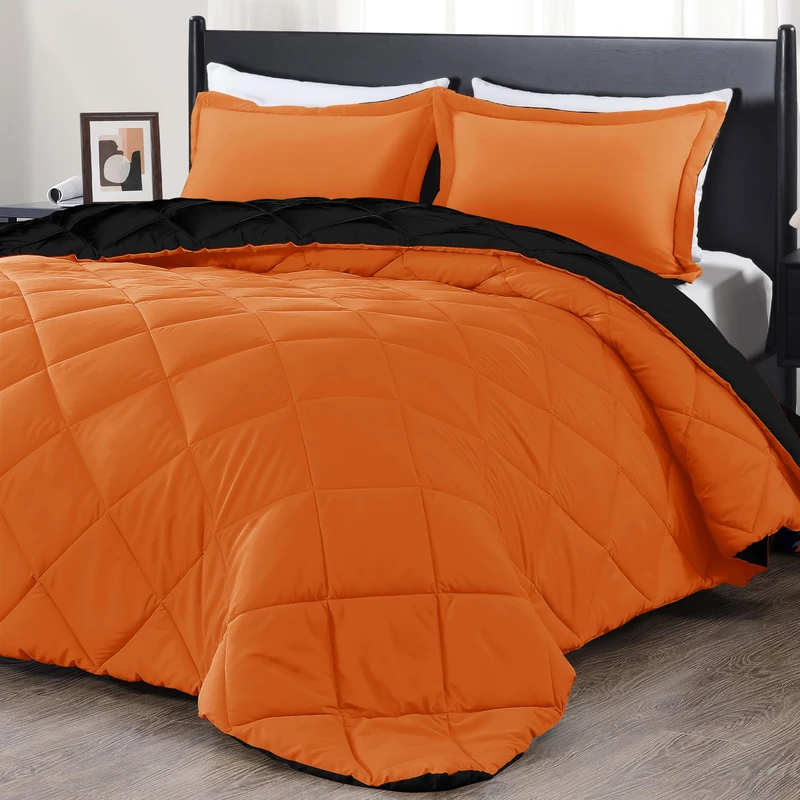 downluxe Full Size Comforter Set - Orange and Black Comforter - Soft Bedding Set for All Seasons - 3 Pieces Set with 2 Reversible Pillow Shams