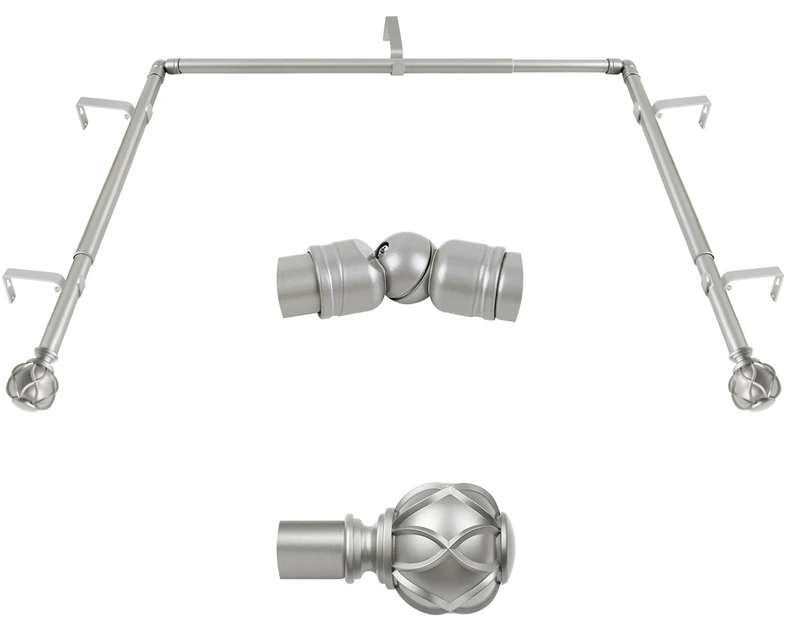 KAMANINA 1 Inch Bay Window Curtain Rods, Telescoping Curtain Rods for Bay Windows 36 to 72 Inch(Center Rod), Silver drapery Rods 20 to 36 Inch(Side Rods), Netted Texture Ends