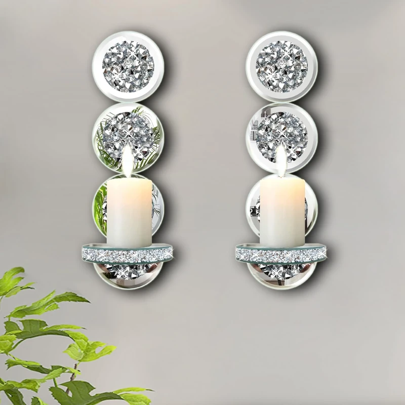 ZOLAPI Set of 2 Crystal Crush Diamond Candle Sconces, Gorgeous Silver Mirrored Wall Sconce, Round Candle Holder Glass Wall Decorations for Home Décor, Living Room, Dining Room.
