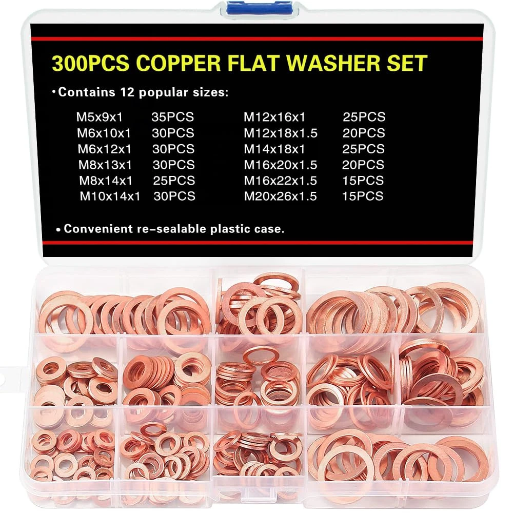 300 PCS Copper Sealing Rings Assortment Set, 12 Sizes Copper Metric Flat Sealing Washers Kit, Sump Plug Gasket Crush Washer Assortment, M5 M6 M8 M10 M12 M14 M16 M20