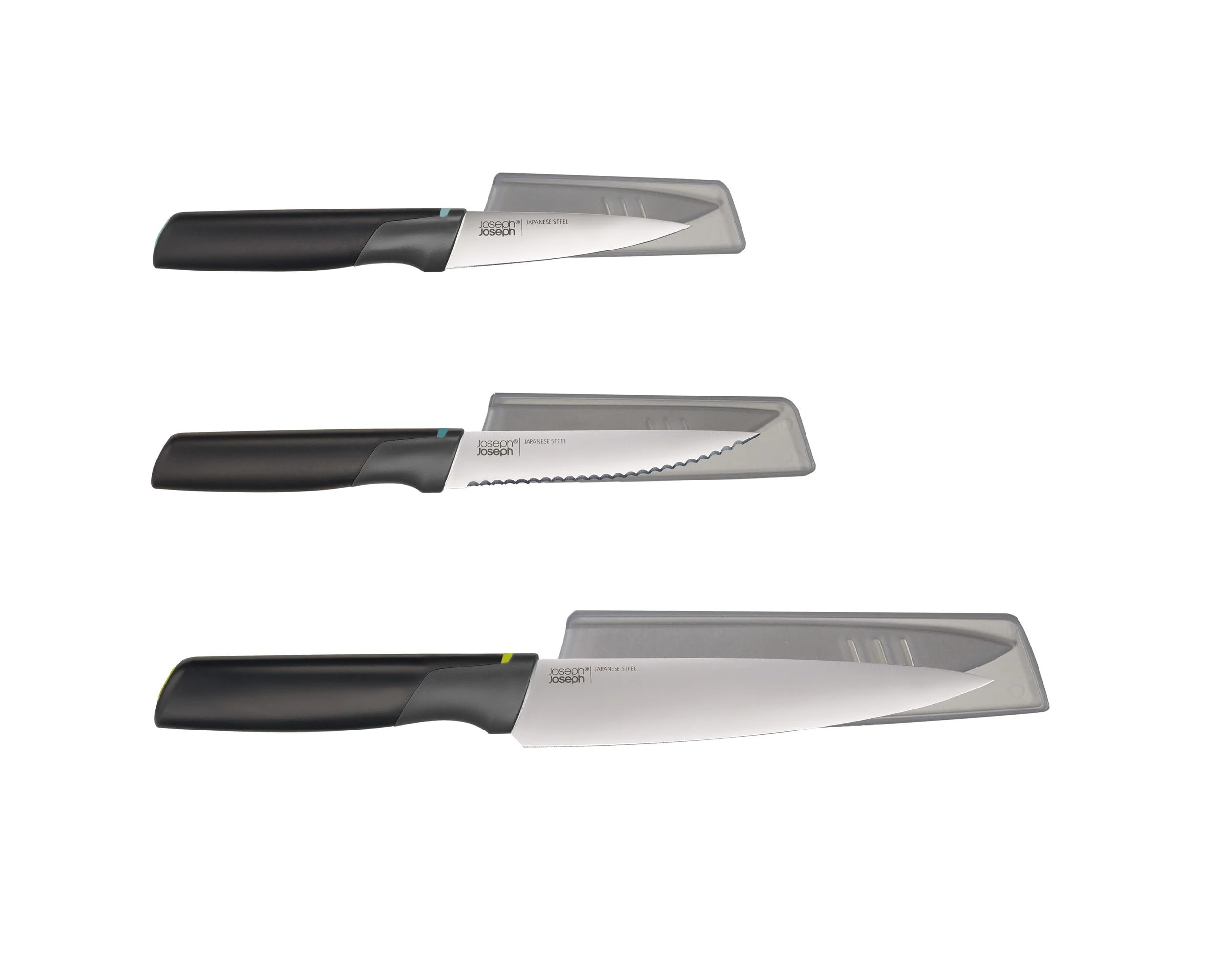 Joseph Joseph Duo 3 Piece Elevate Knife set, Japanese Stainless Steel blades, includes Paring, Serrated and Chef's knife with protective sheath, Black/Opal