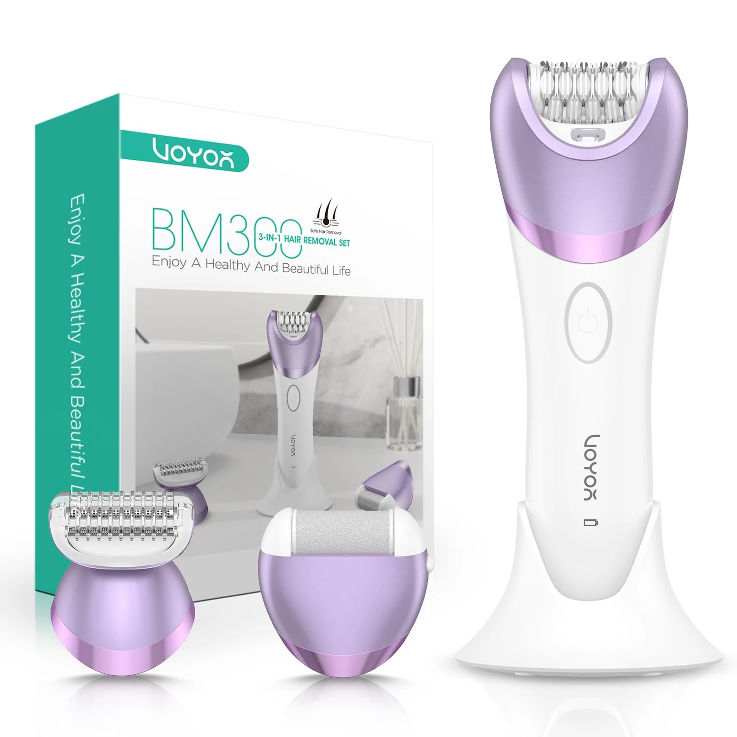 VOYOR Epilator for Women Cordless & Rechargeable, Epilator Hair Removal with 30 Tweezers,3 in 1 Epilators with Electric Lady Shaver and Foot File,Hair Removal Device for Arm Leg BM300 (Purple)