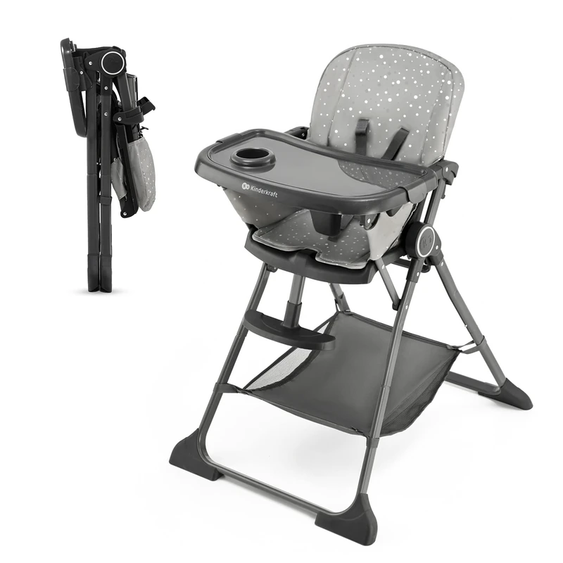Kinderkraft FOLDEE Highchair, Baby Chair, Ergonomic, Comfortable, Reclining, Foldable, Ajustable Footrest, Detachable Double Tray, for Toddler, from 6 Month to 3 Years, Gray