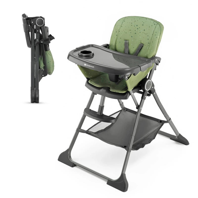 Kinderkraft FOLDEE Highchair, Baby Chair, Ergonomic, Comfortable, Reclining, Foldable, Ajustable Footrest, Detachable Double Tray, for Toddler, from 6 Month to 3 Years, Green