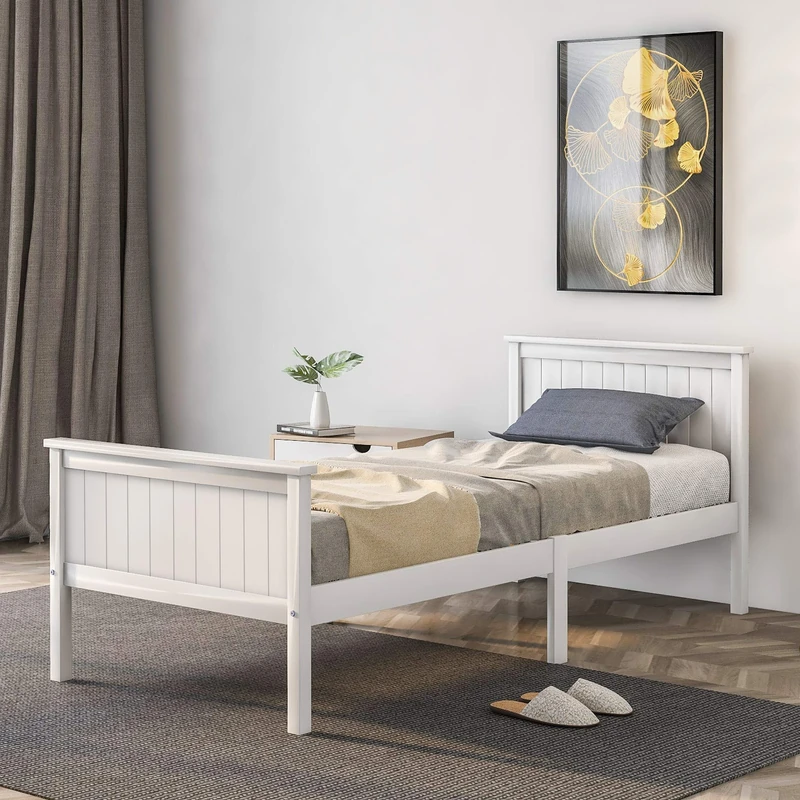 Pine Wood Bed Frame with Headboard and Footboard - Perfect for Kids' Bedroom Ivory White