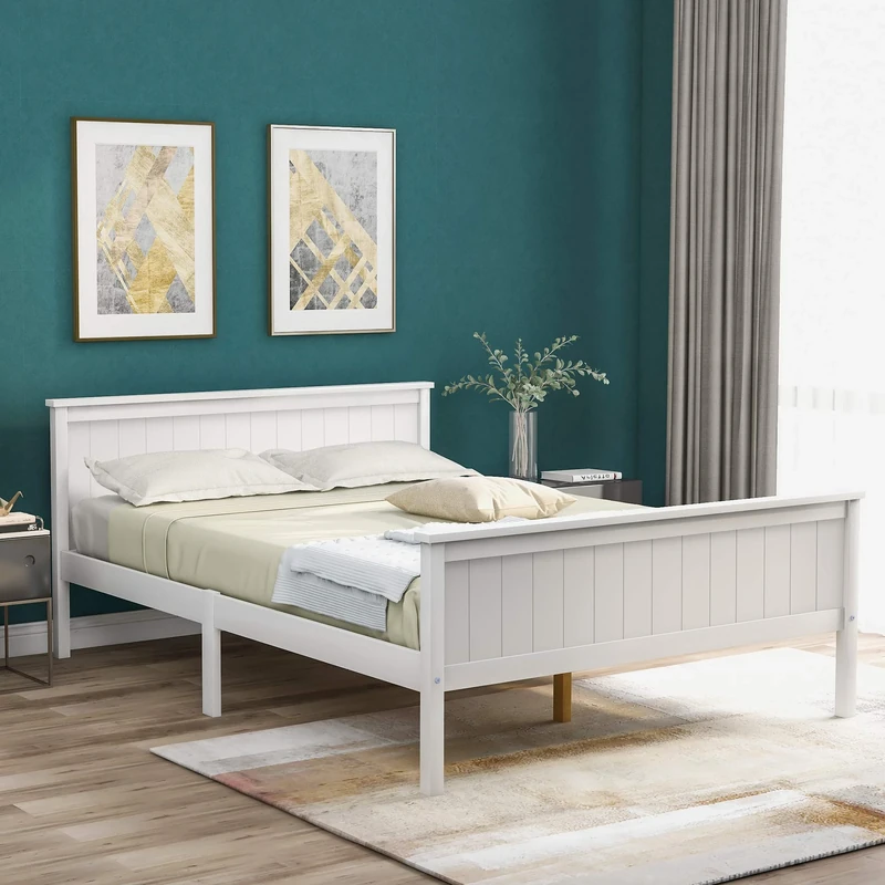 Pine Wood Bed Frame with Headboard and Footboard - Perfect for Kids' Bedroom Ivory White 135 x 190 cm (Mattress Not Included)