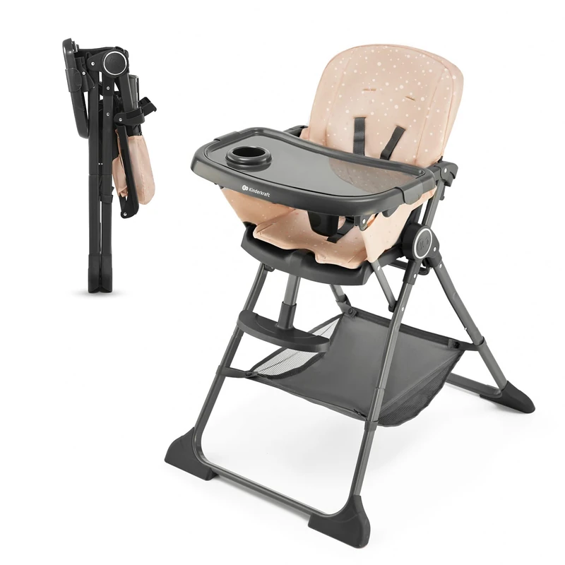 Kinderkraft FOLDEE Highchair, Baby Chair, Ergonomic, Comfortable, Reclining, Foldable, Ajustable Footrest, Detachable Double Tray, for Toddler, from 6 Month to 3 Years, Pink