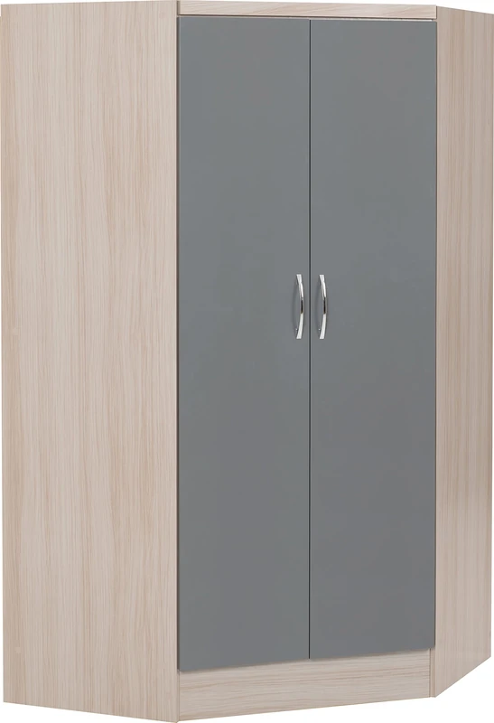 Seconique Nevada 2 Door Corner Wardrobe in Grey Gloss/Light Oak Effect Veneer