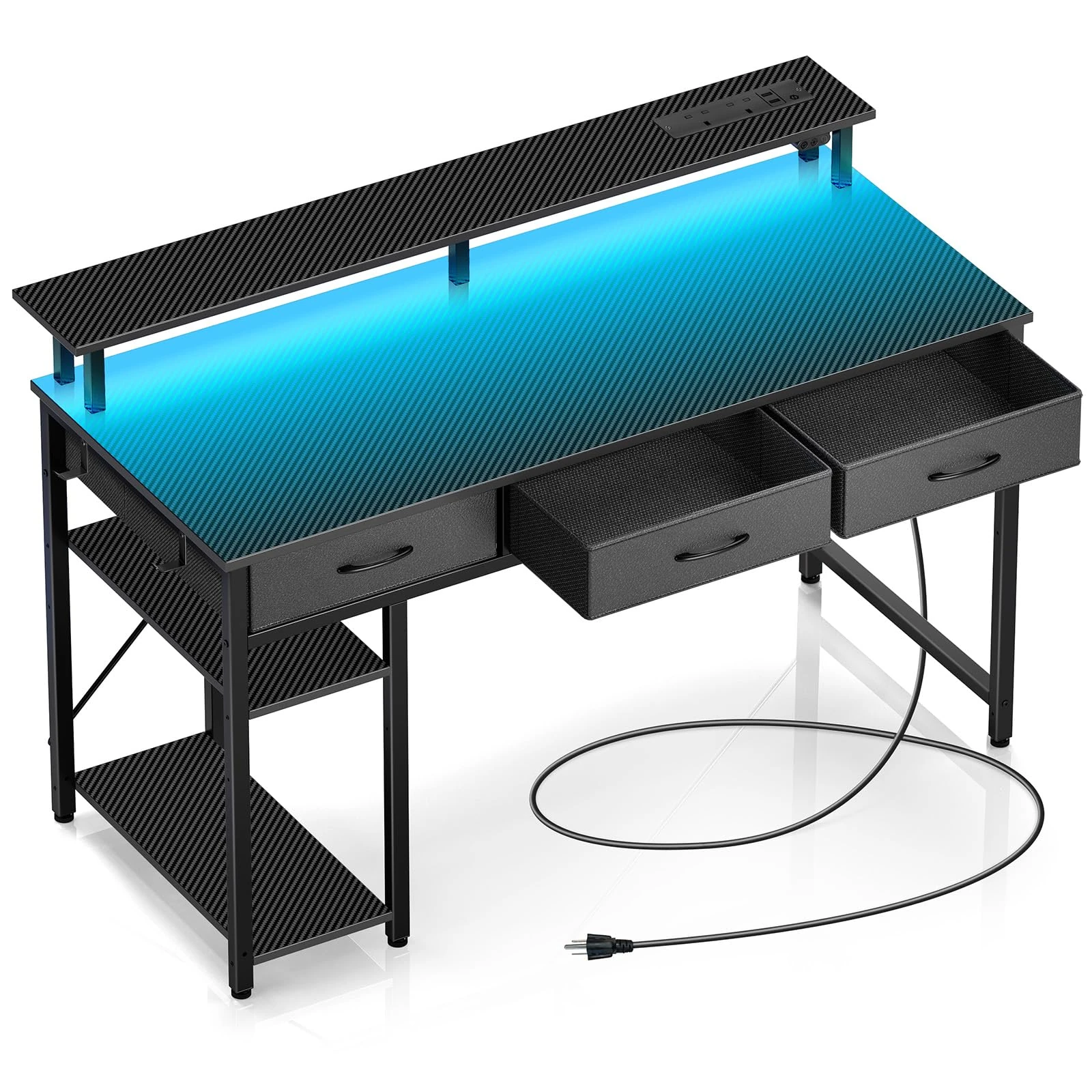 Rolanstar Computer Desk with Drawers, Home Office Desk with LED Lights, Storage Shelves, Power Outlets, 120cm Gaming Desk Study Writing Table for Work Play(Black)