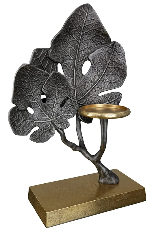 GILDE Tea Light Candlestick – 1 Bulb Tea Light Holder Made of Aluminium – for Candles or Tea Lights up to Diameter 8 cm – Leaves Motif – Colour Silver Gold – Height 38 cm