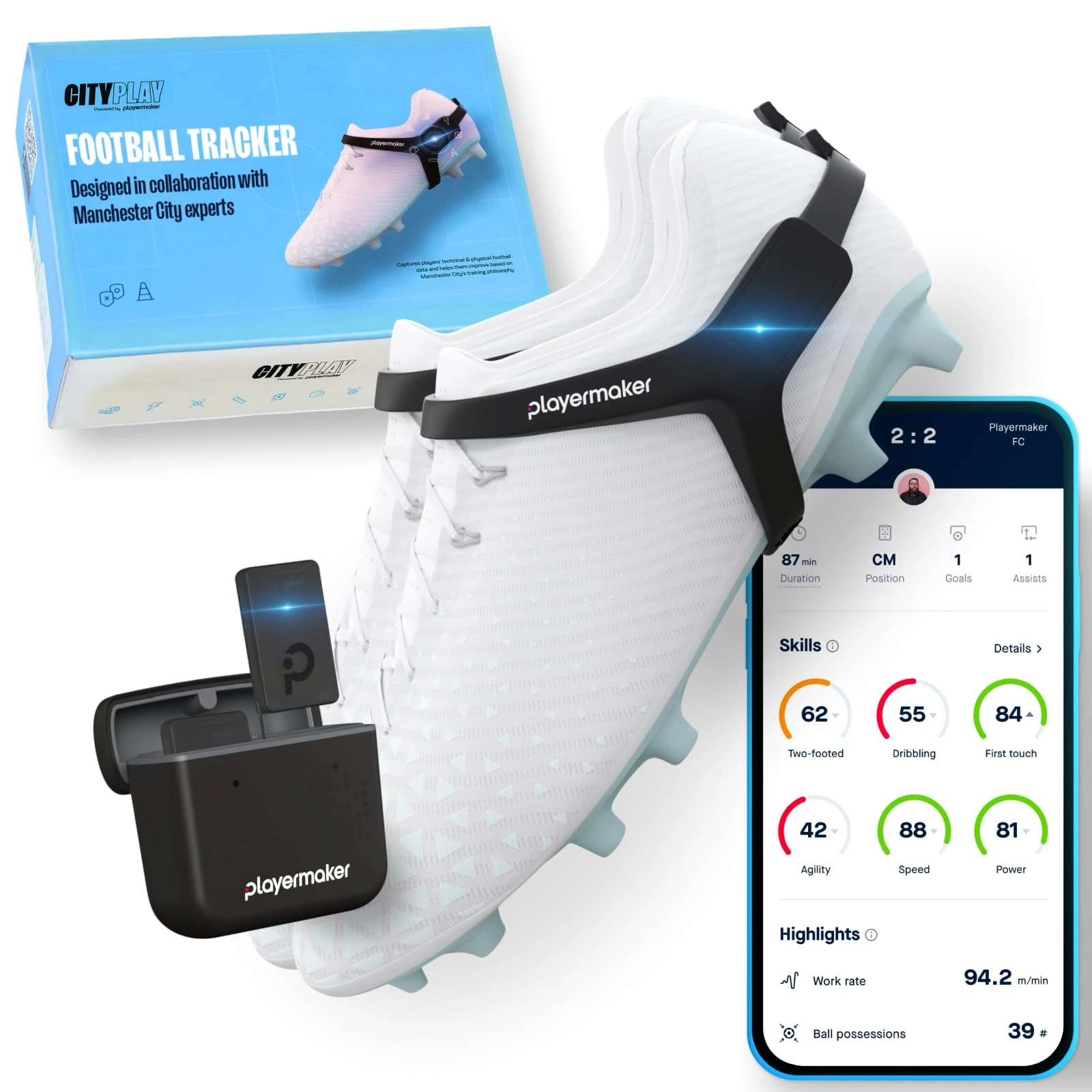 CITYPLAY Smart Football Tracker for Cleats by Playermaker, Track 25+ Technical & Physical Metrics, 12 Month Access to CITYPLAY Football Training App Included, Advanced Than GPS, Medium