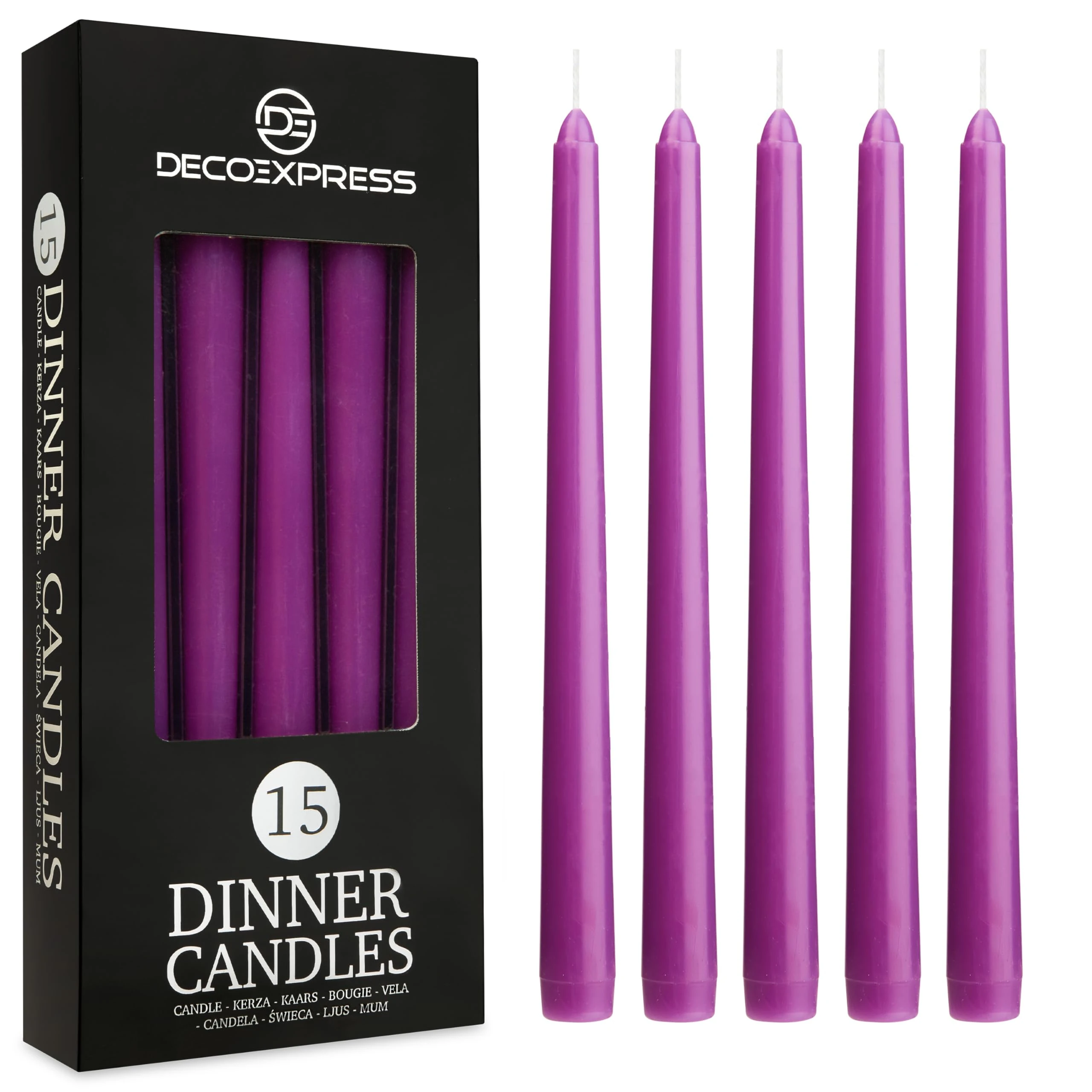 DECO EXPRESS Candles Set Classic Dripless Tapered Metallic Unscented 8H Burning Time, Decorative Dinner Candles for Restaurant Home Christmas (Purple, 15 Pack)