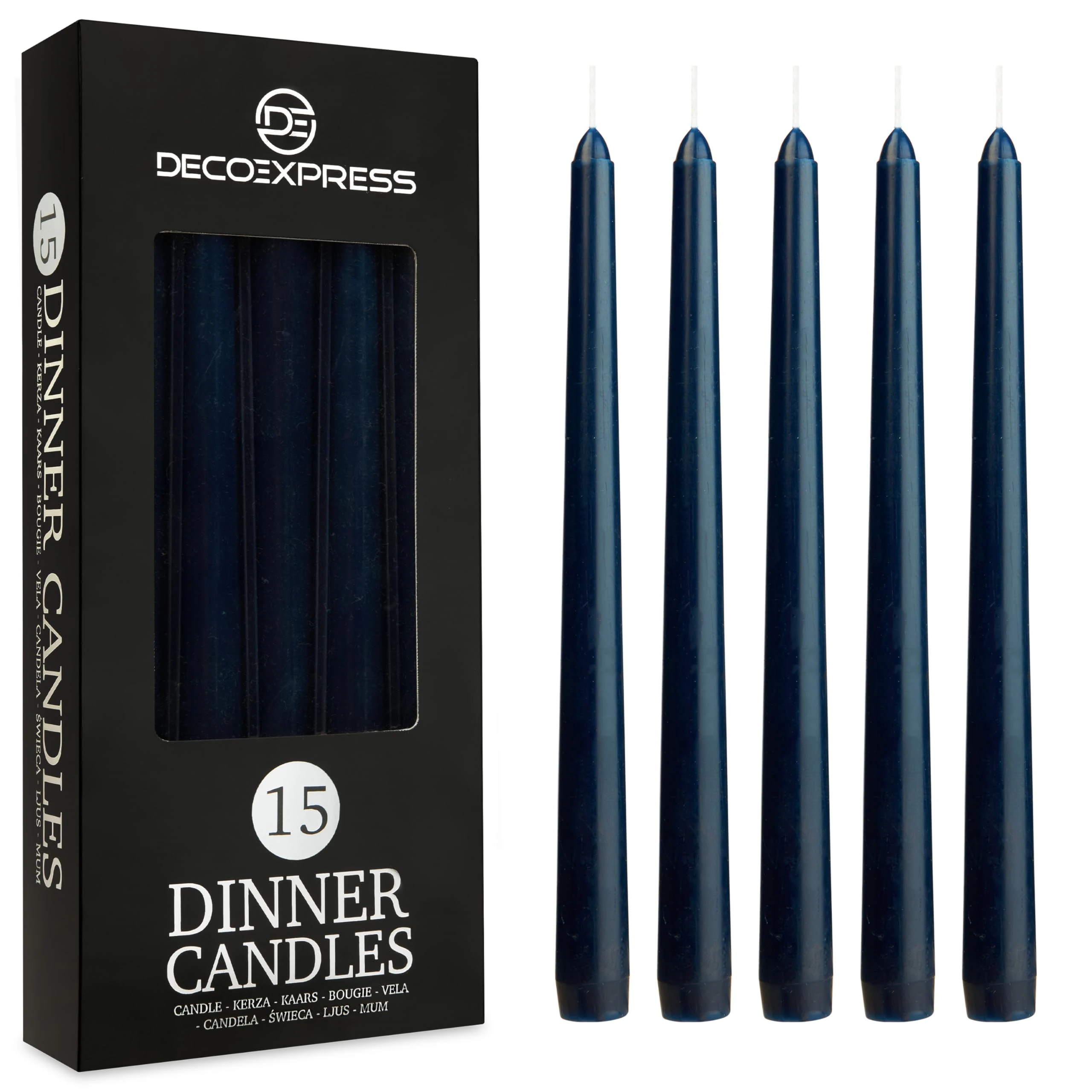 DECO EXPRESS Candles Set Classic Dripless Tapered Metallic Unscented 8H Burning Time, Decorative Dinner Candles for Restaurant Home Christmas (Navy, 15 Pack)