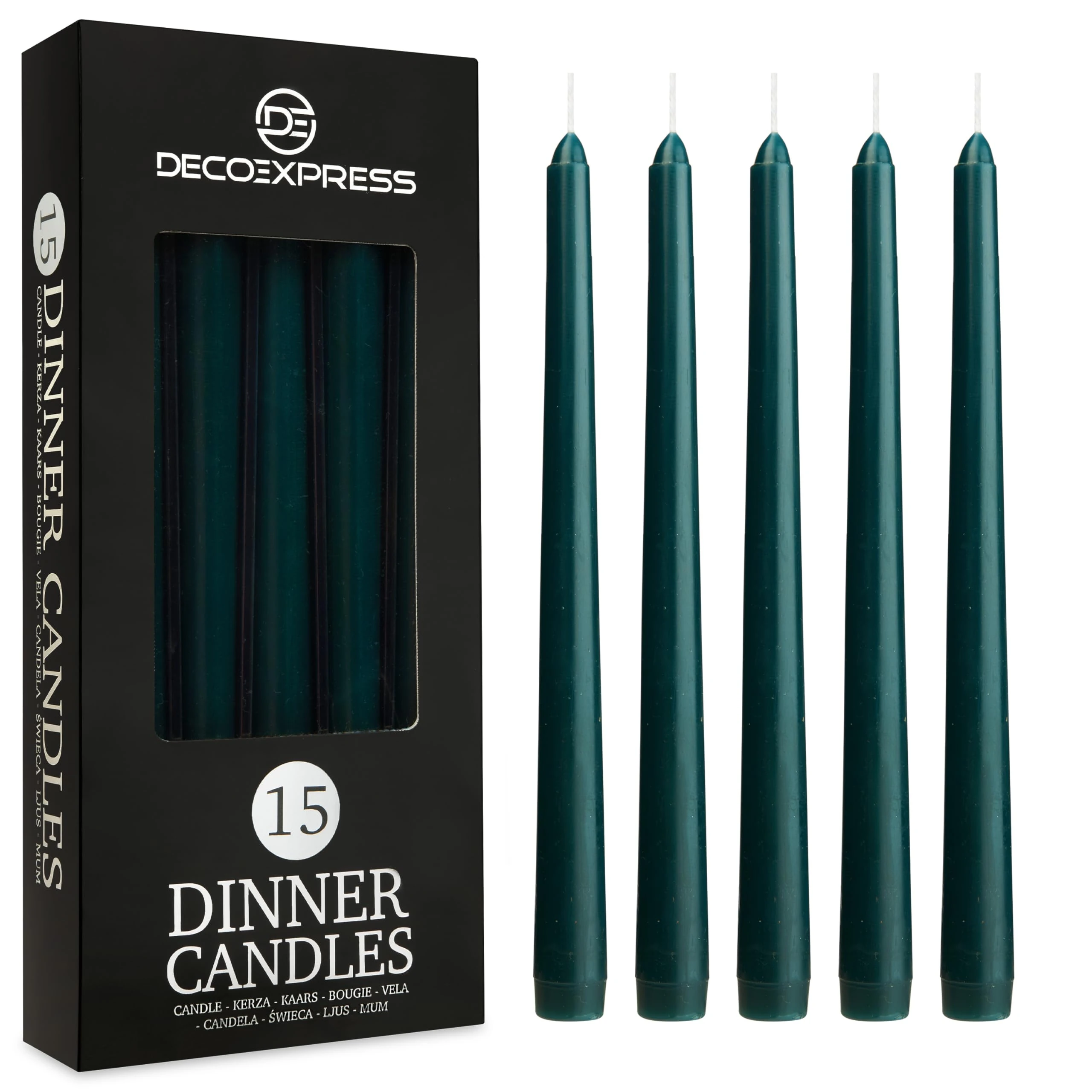DECO EXPRESS Candles Set Classic Dripless Tapered Metallic Unscented 8H Burning Time, Decorative Dinner Candles for Restaurant Home Christmas (Green, 15 Pack)