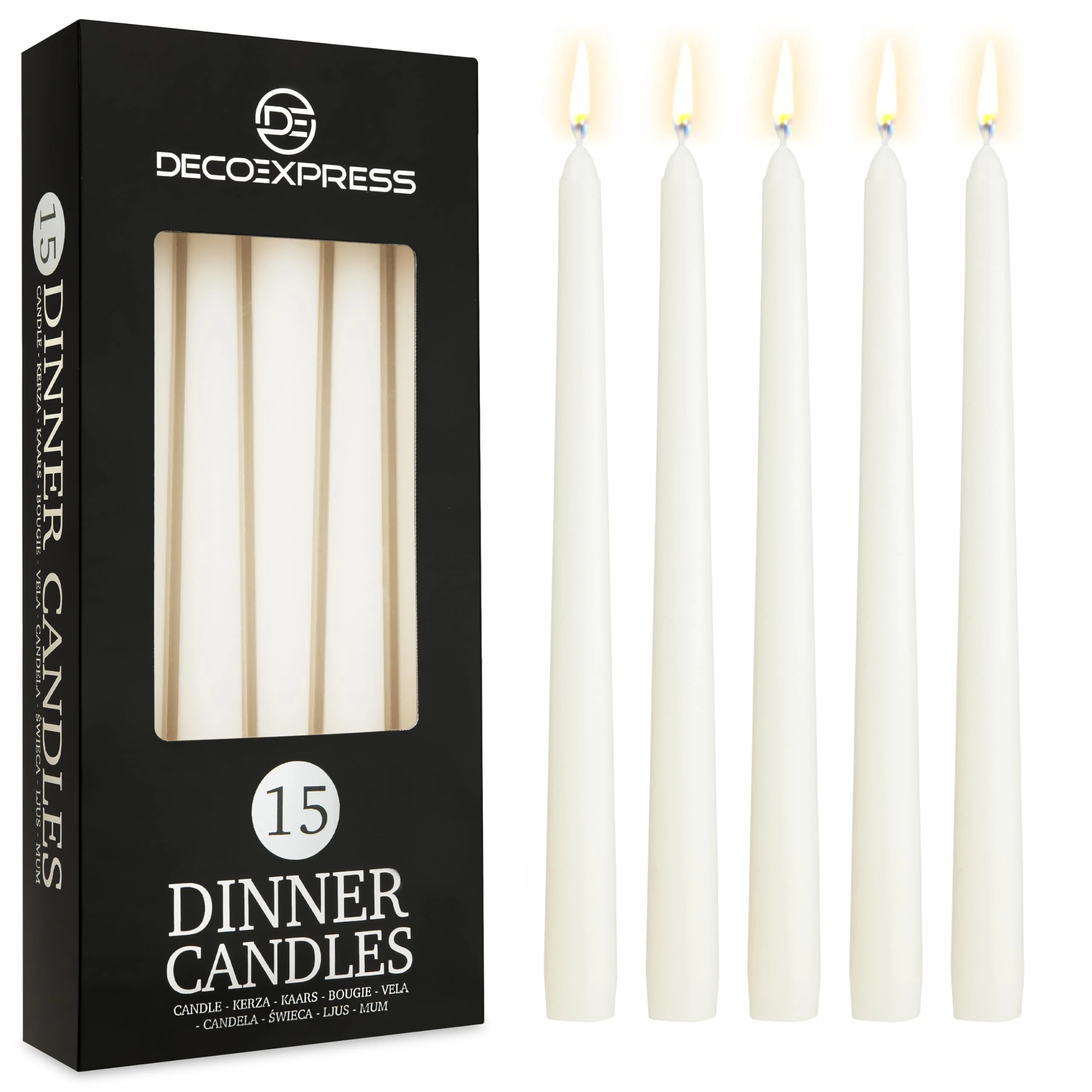 DECO EXPRESS Candles Set Classic Dripless Tapered Metallic Unscented 8H Burning Time, Decorative Dinner Candles for Restaurant Home Christmas (White, 15 Pack)