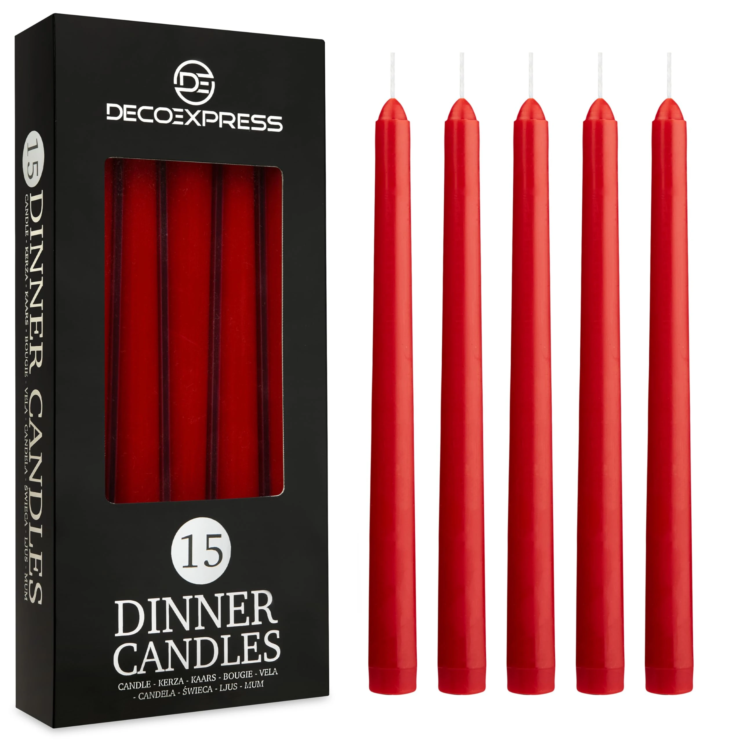 DECO EXPRESS Candles Set Classic Dripless Tapered Metallic Unscented 8H Burning Time, Decorative Dinner Candles for Restaurant Home Christmas (Red, 15 Pack)
