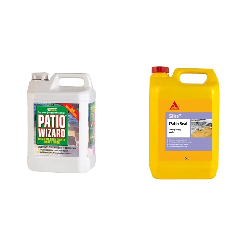 Everbuild Patio Wizard Moss, Mould and Algea Remover 5ltr & Patio Seal Paving | Water Base Sealer and Appearance Enhancer for New and Recently Cleaned Paving - Clear - 5 Litre