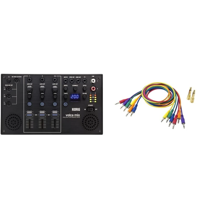Korg - volca Mix - Analogue Performance Mixer & SQ-CABLE6-75cm Mini Jack Patch Leads with Two Adaptors - Pack of 6 - Mixed Colours