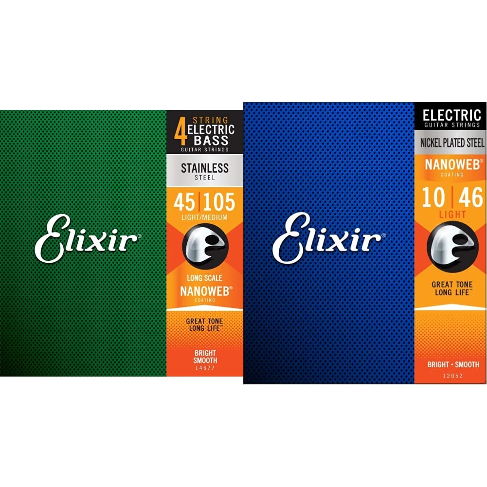 Elixir Strings Stainless Steel 4-String Bass Strings w NANOWEB Coating, Long Scale, Light/Medium (.045-.105) & 12052 Strings Electric Guitar Strings w NANOWEB Coating, Light (.010-.046)