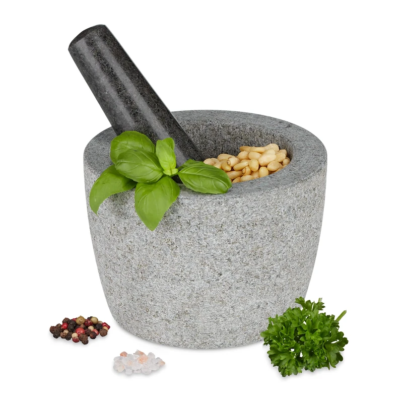 Relaxdays Pestle, Spices, Herbs, Polished Stone Mortar, HxD: 10x14cm, Durable, Non-Slip, Granite, Grey