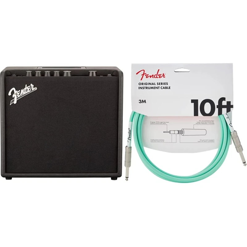 Fender Mustang LT 25 Combo Guitar Amplifier - Suitable for Electric Guitar 230V UK & 990510058 Original Series Instrument Cable - 10 ft – STR/STR – Surf Green, 3 Metre