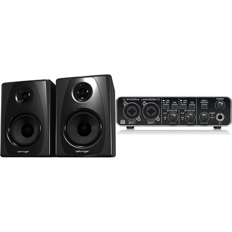 Behringer STUDIO 50USB High-Resolution, 150 Watt Bi-Amped Reference Studio Monitors with USB Input & U-PHORIA UMC202HD Audiophile 2x2, 24-Bit/192 kHz USB Audio Interface with Midas Mic Preamplifiers