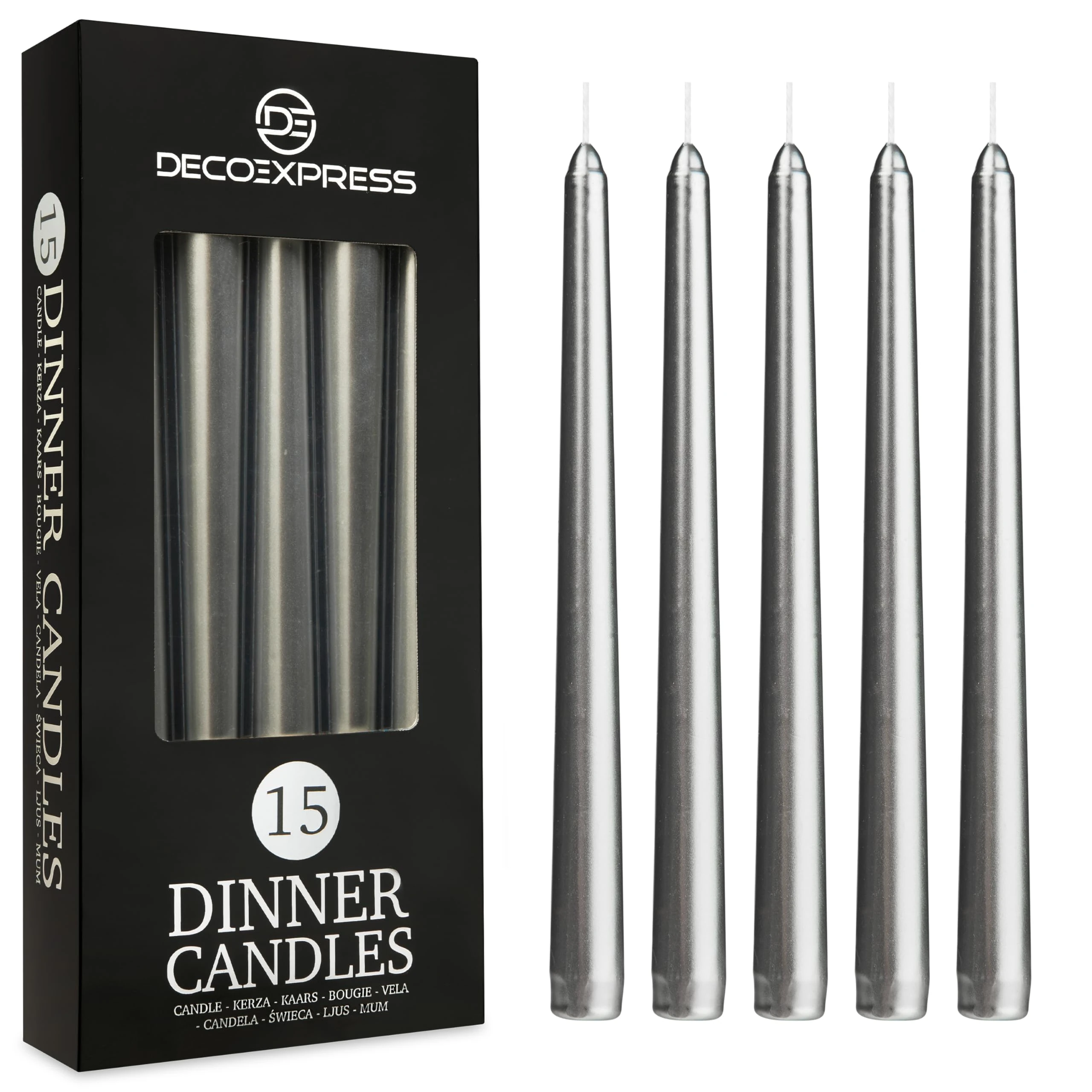 DECO EXPRESS Candles Set Classic Dripless Tapered Metallic Unscented 8H Burning Time, Decorative Dinner Candles for Restaurant Home Christmas (Silver, 15 Pack)