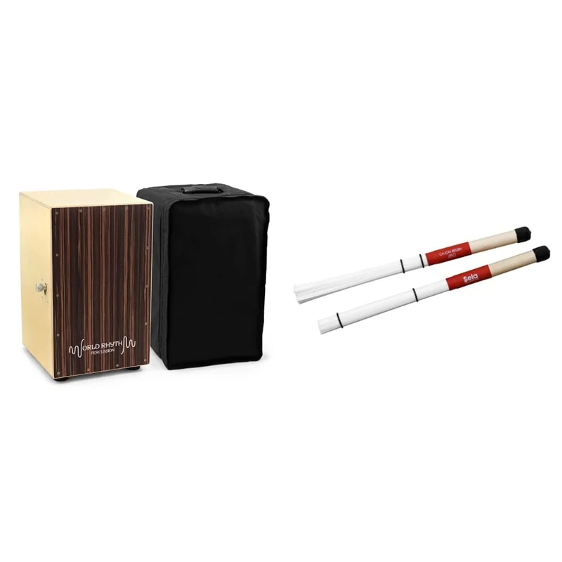 World Rhythm Cajon Cahon Full Size Box Drum with Adjustable Snare, Padded Gig Bag, Cushion - Black - World Rhythm CAJ2-BK & Sela SE 035 Cajon 180 Brush
