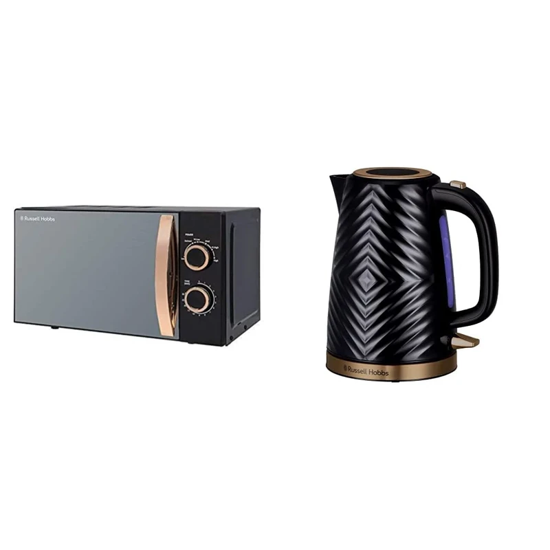 Russell Hobbs RHM1727RG 17 Litre 700 W Rose Gold Solo Microwave with 5 Power Levels, 30 Minute Timer & 26380 Groove Electric Kettle, Textured Fast Boil Energy Efficient Cordless Kettle