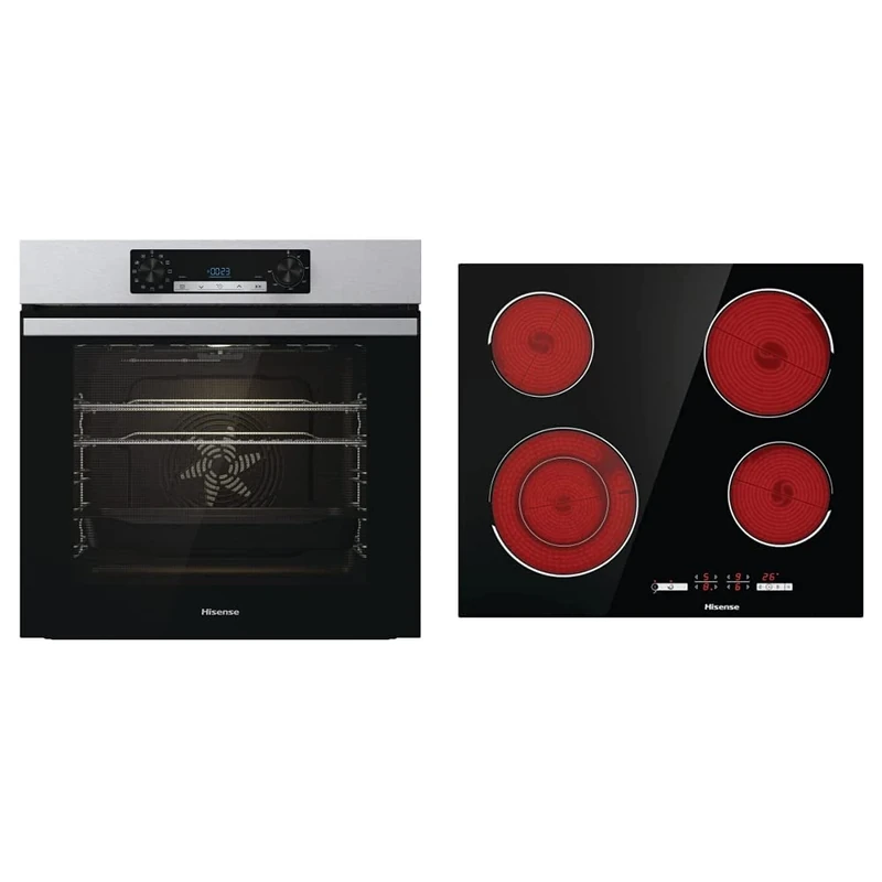 Hisense BI62212AXUK - Built-in 77L Electric Single Oven - Stainless Steel with Even Bake, Pizza Mode & E6432C Built-in 60cm Electric Ceramic Hob with Child Lock, Touch control, Timer Function
