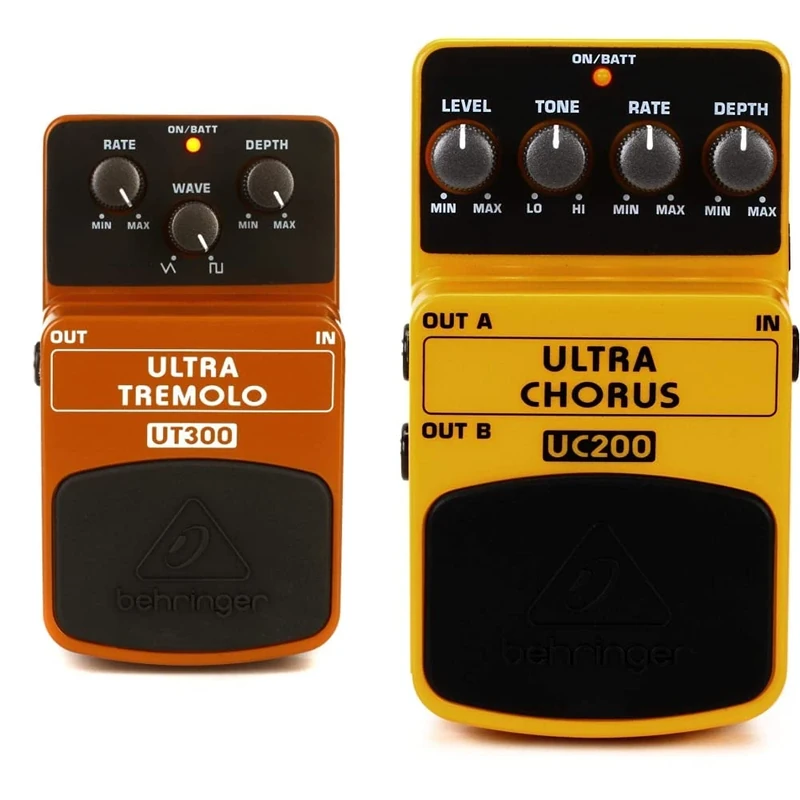 Behringer ULTRA TREMOLO UT300 Classic Tremolo Effects Pedal, Orange & ULTRA CHORUS UC200 Ultimate Stereo Chorus Effects Pedal,Yellow