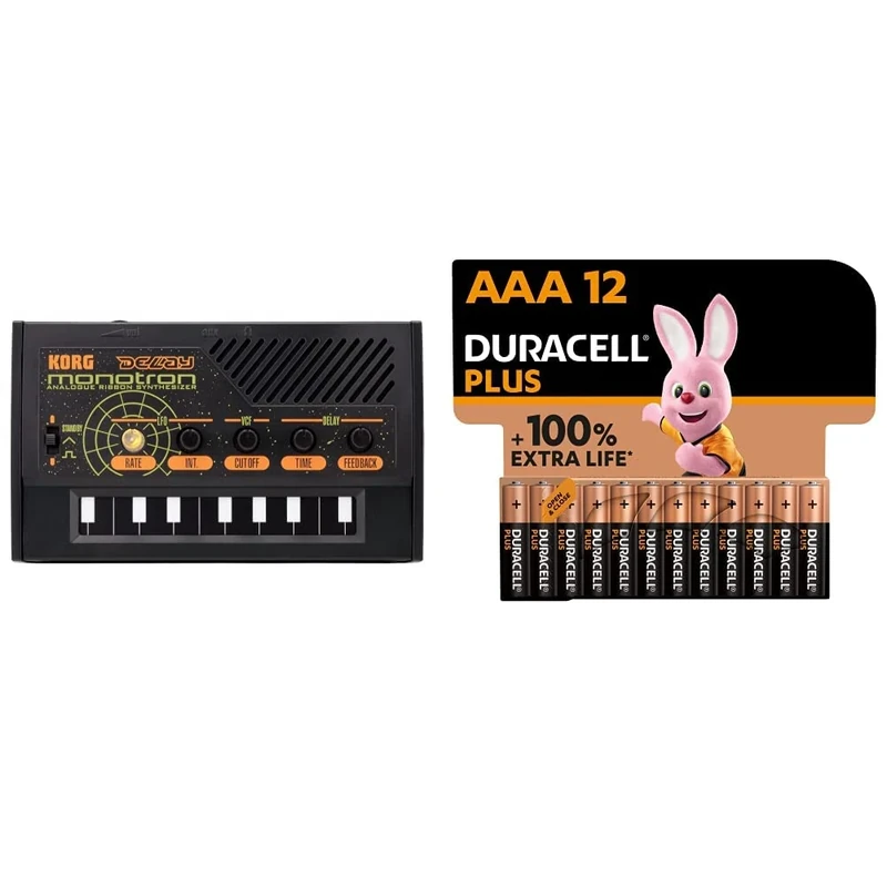 Korg - MONOTRON-DELAY Analog Ribbon Synth with Delay Effect and Built-in Speaker & Duracell Plus AAA Alkaline Batteries [Pack of 12], 1.5V LR03 MN2400