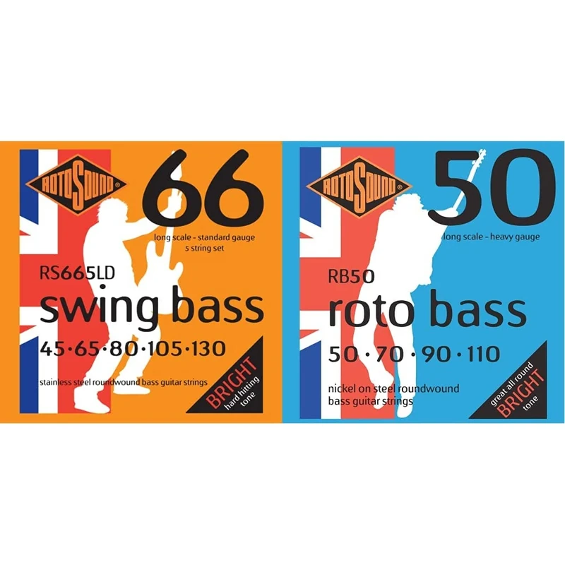 Rotosound Stainless Steel Standard Gauge Roundwound Bass Strings, RS665LD & RB50 Nickel Heavy Gauge Roundwound Bass Strings, White Black Red Blue, Small Medium Large X-Large 2X-Large