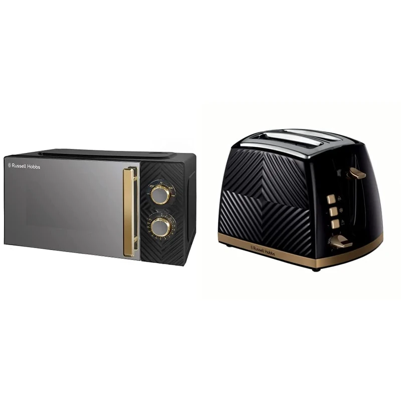 Russell Hobbs 17 Litre 700W Black Solo Manual Microwave With Groove Design, 5 Power Levels & 26390 Groove 2 Slice Toaster, Tactile 3D Design Bread Toaster with Frozen