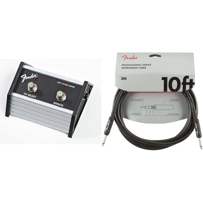 Fender 2-Button Footswitch - Channel Select and Effects On/Off & 990820025 Professional Series Instrument Cable - 10 ft - STR/ANG - black, 3 metre