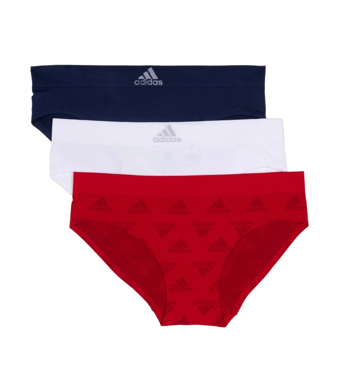 adidas Women's Seamless Hipster Underwear 3 Pack Panties, Vivid Red W. Logo Jacq/White/Night Indigo, L